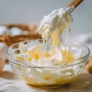 Melted marshmallows and butter being stirred in a microwave-safe bowl for Rice Krispie treats