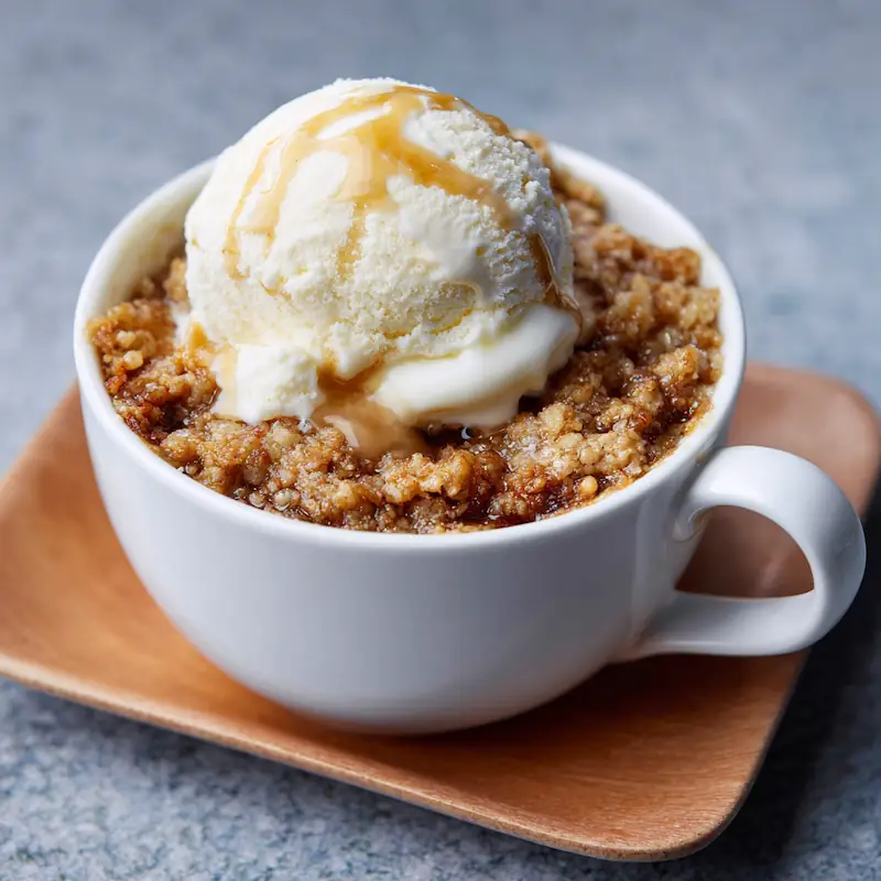Easy Apple Crisp in a Mug (Microwave Dessert for Students on a Budget) 3 Microwave mug apple crisp fresh out of the microwave topped with vanilla ice cream