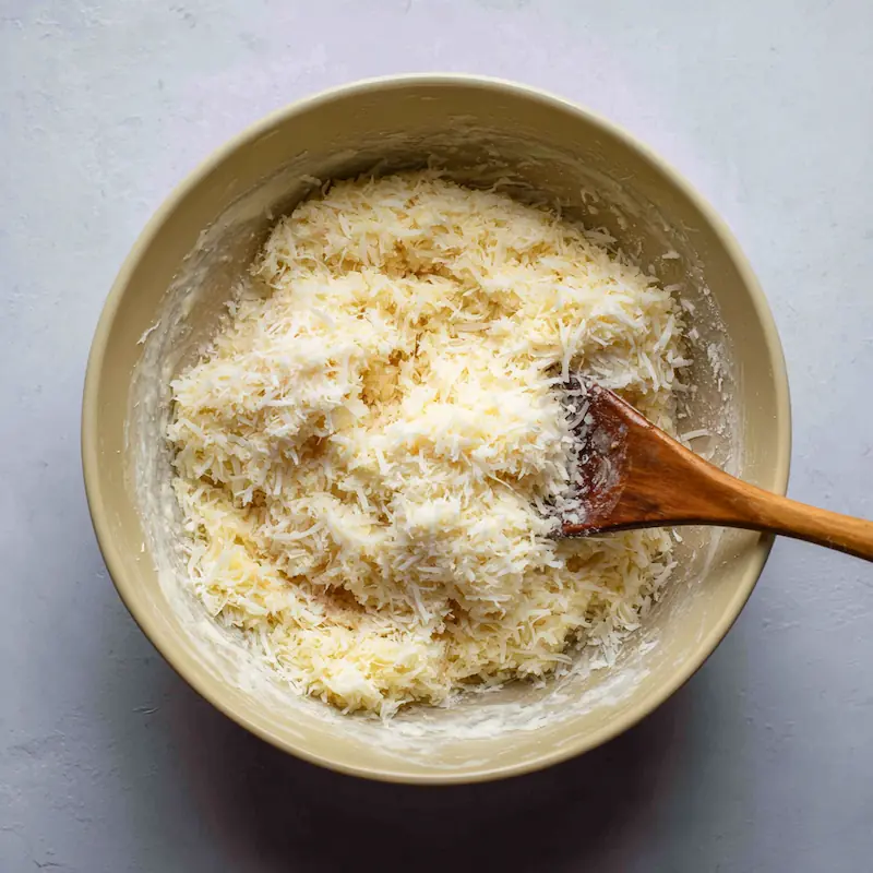 Mixing shredded coconut and condensed milk in a bowl for no-bake coconut balls