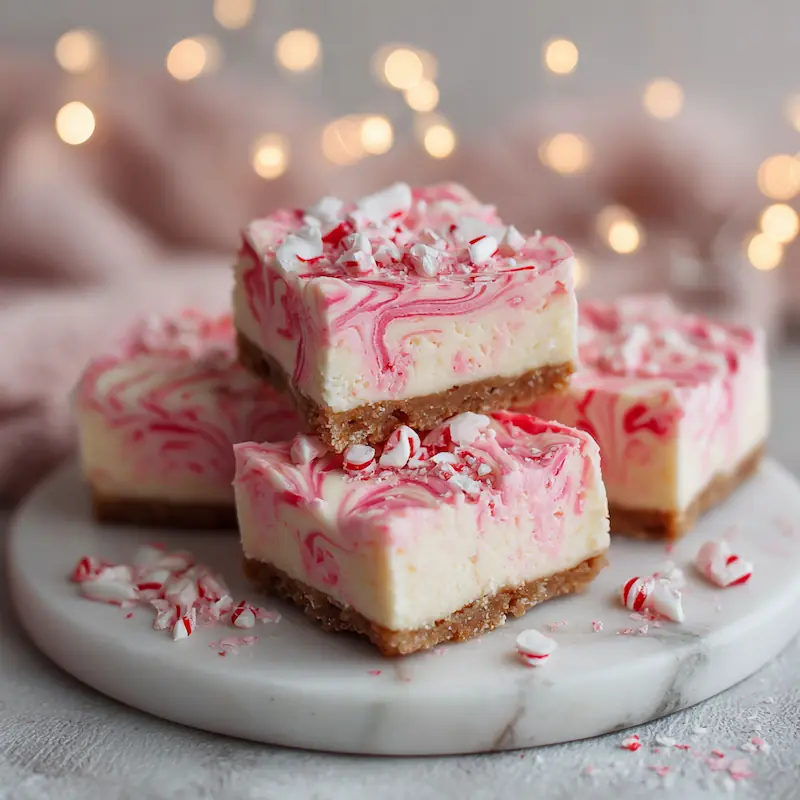 No-bake candy cane cheesecake bars with pink peppermint swirls and crushed candy canes on a marble plate surrounded by holiday lights.