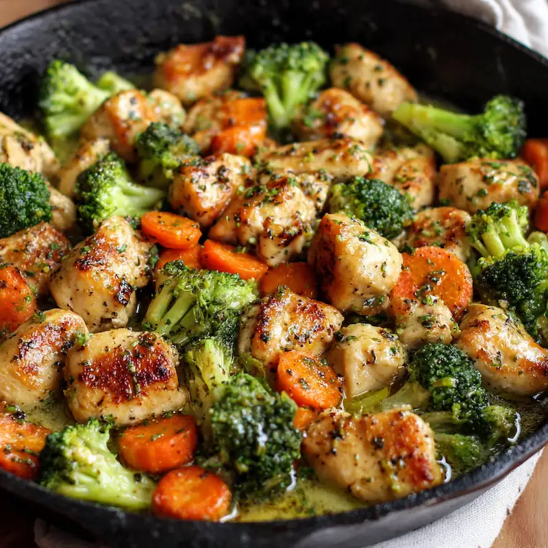 One-Pan Chicken Recipes You Can Make in 30 Minutes or Less (Perfect for Students!) 2 Image of golden garlic butter chicken chunks with broccoli and carrots in one skillet.