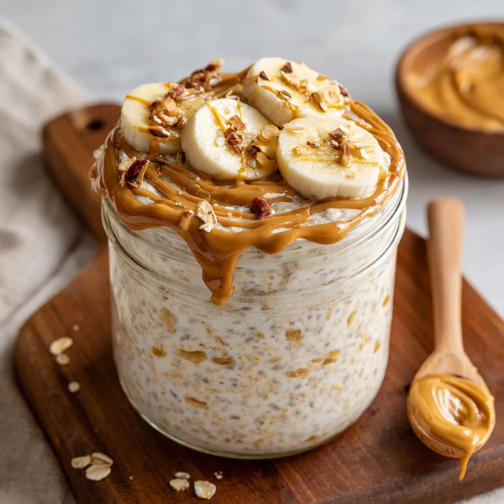Easy Recipes for Beginners with Few Ingredients (Student-Approved & Budget-Friendly) 6 Overnight oats in a jar with peanut butter swirls and banana slices on top
