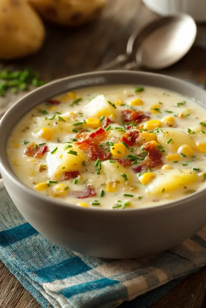 Bowl of potato corn chowder with a spoon on a dorm desk.