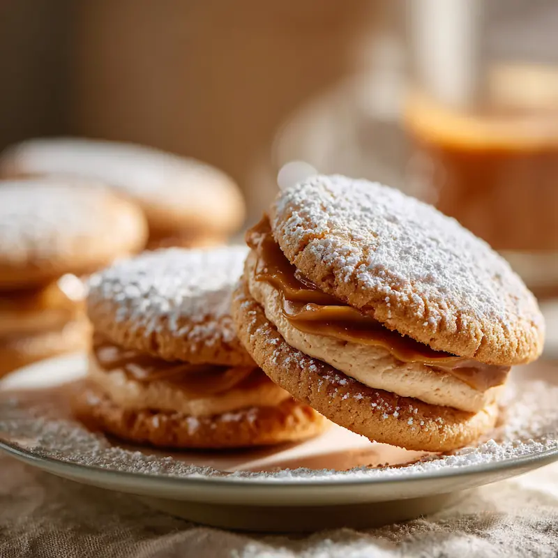 4-Ingredient Cookies Students Can Make in 10 Minutes (Cheap & Easy) 2 Close-up of quick dulce de leche sandwich cookies filled with creamy caramel and dusted with powdered sugar, styled on a small plate in a bright student kitchen with soft warm lighting.