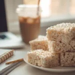 Cheap & Chewy Rice Krispie Treats Recipe (Dorm-Friendly, No Oven Needed!) Stack of gooey Rice Krispie treats on a dorm desk next to a laptop and iced coffee.
