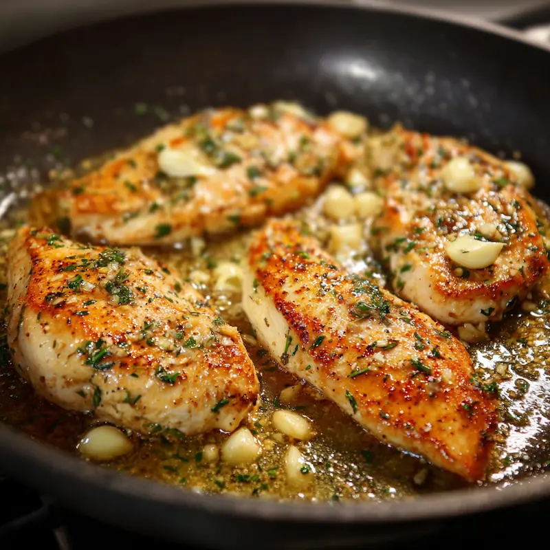 Chicken breasts searing golden brown in a skillet with butter and garlic.