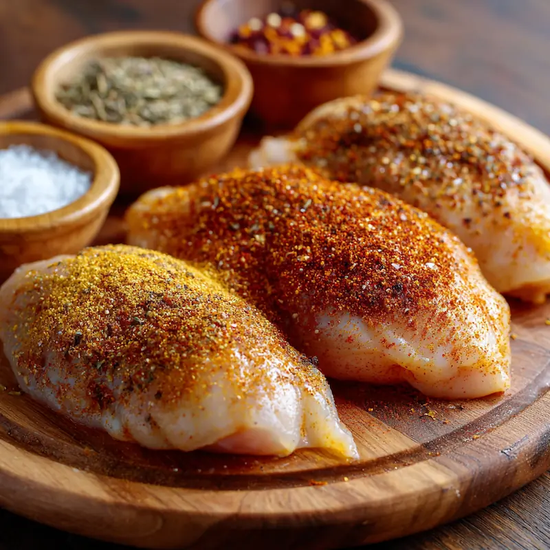 Chicken breasts being seasoned with paprika and garlic powder on a wooden board.