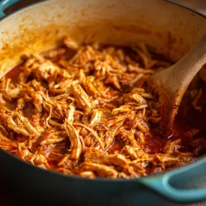 🍗 Easy BBQ Pulled Chicken Sandwiches (Cheap & Juicy Student Recipe) 7 Shredded BBQ pulled chicken simmering in a pot, ready for sandwiches