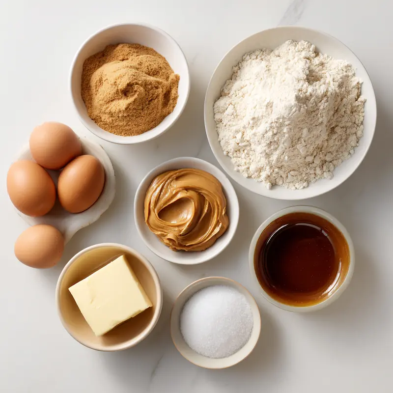 4-Ingredient Cookies Students Can Make in 10 Minutes (Cheap & Easy) 3 Flat-lay of basic cookie ingredients including cake mix, eggs, peanut butter, butter, sugar, and dulce de leche arranged neatly on a white table with minimal shadows in a clean, student-friendly kitchen setting.