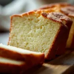 Sliced sour cream pound cake showing moist texture on wooden board.