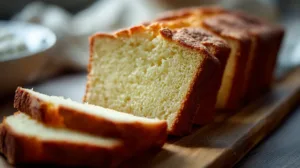 Sliced sour cream pound cake showing moist texture on wooden board.