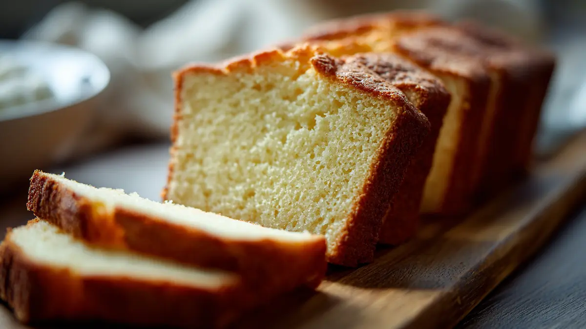 Why Sour Cream Makes Cakes Moist (Science + Tips) 1 Sliced sour cream pound cake showing moist texture on wooden board