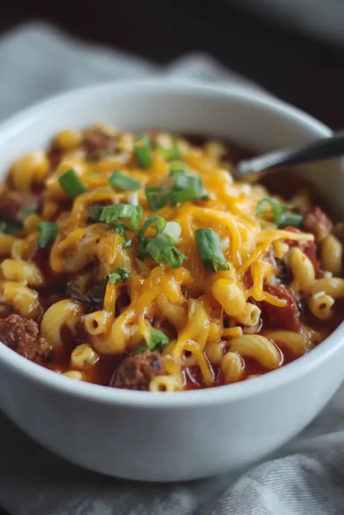 Chili mac bowl topped with cheddar cheese