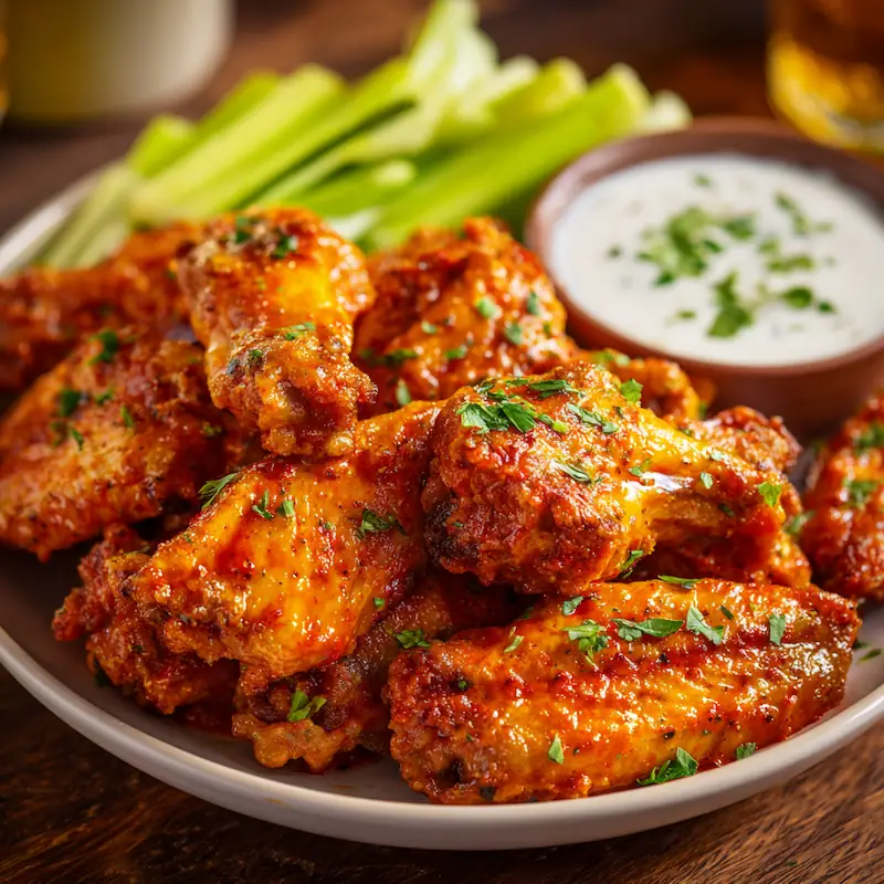 Crisp air fryer wings tossed in glossy buffalo sauce with celery sticks.