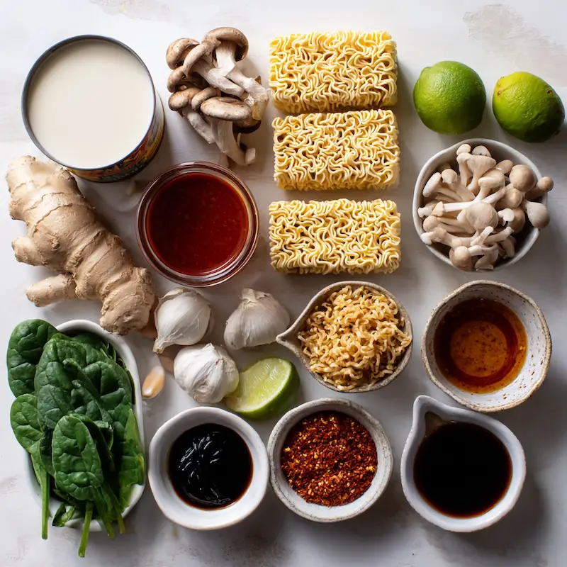 Top view of coconut milk, curry paste, ramen noodles, mushrooms, garlic, ginger, lime, spinach, and soy sauce arranged neatly for spicy coconut curry ramen.