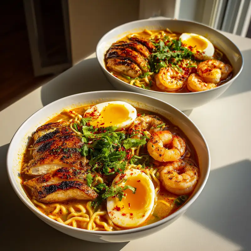 Two bowls of spicy coconut curry ramen, one with shrimp and one with chicken, both topped with soft-boiled eggs, cilantro, and chili oil.