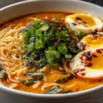 A steaming bowl of spicy coconut curry ramen with creamy coconut broth, noodles, a jammy egg, chili oil drizzle, and fresh green onions on a wooden table.