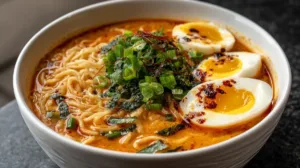 A steaming bowl of spicy coconut curry ramen with creamy coconut broth, noodles, a jammy egg, chili oil drizzle, and fresh green onions on a wooden table.