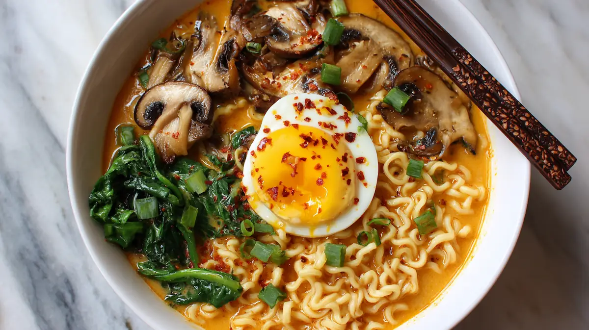 A steaming bowl of spicy coconut curry ramen with creamy coconut broth, noodles, a jammy egg, chili oil drizzle, and fresh green onions on a wooden table.
