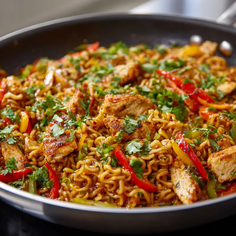 One-Pan Chicken Recipes You Can Make in 30 Minutes or Less (Perfect for Students!) 4 Spicy chicken ramen stir-fry with colorful veggies in one pan.