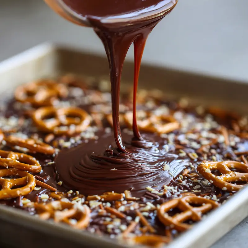 Spreading melted chocolate over caramel and pretzels 1