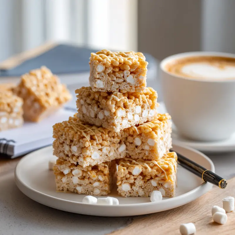 Stacked Brown Butter Rice Krispie Treats on a student desk with coffee
