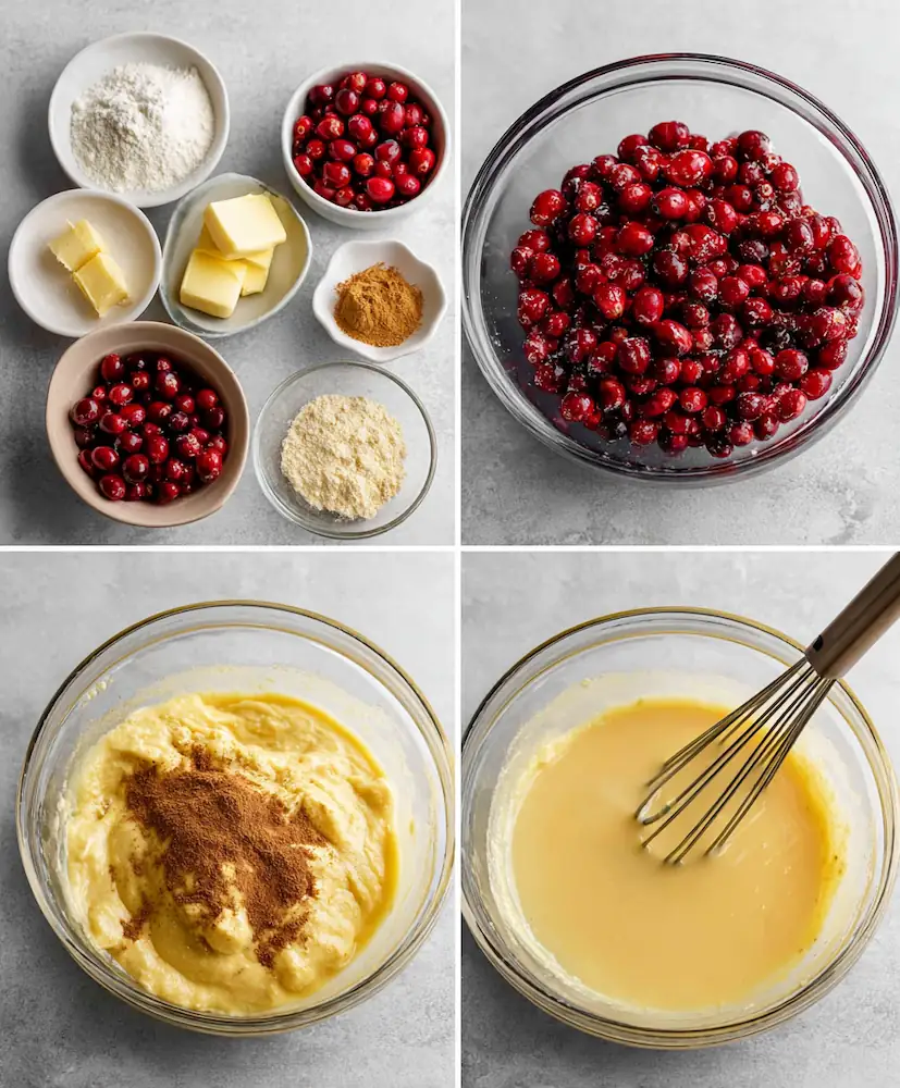 Healthy Cranberry Orange Bread (Student Budget-Friendly Recipe) 4 Step-by-step mixing process for cranberry orange bread batter in a glass bowl.