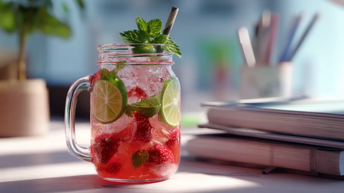 Strawberry protein mojito with mint and lime in a mason jar.