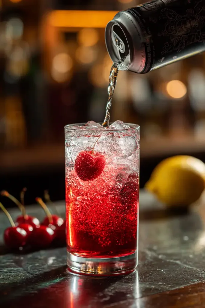 Cherry Sleep Mocktail: The Trendy Student-Friendly Drink That Helps You Wind Down 3 Student pouring sparkling water into a cherry sleep mocktail creating a red-to-clear drink gradient