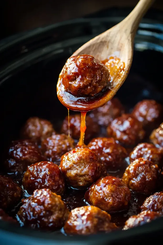 Sticky BBQ meatballs glazed with sauce in a slow cooker
