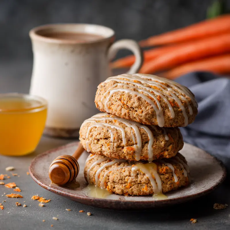 Whole Wheat Carrot Biscuits (Sweet & Savory for Students) 4 Sweet whole wheat carrot biscuits drizzled with honey glaze beside a coffee mug