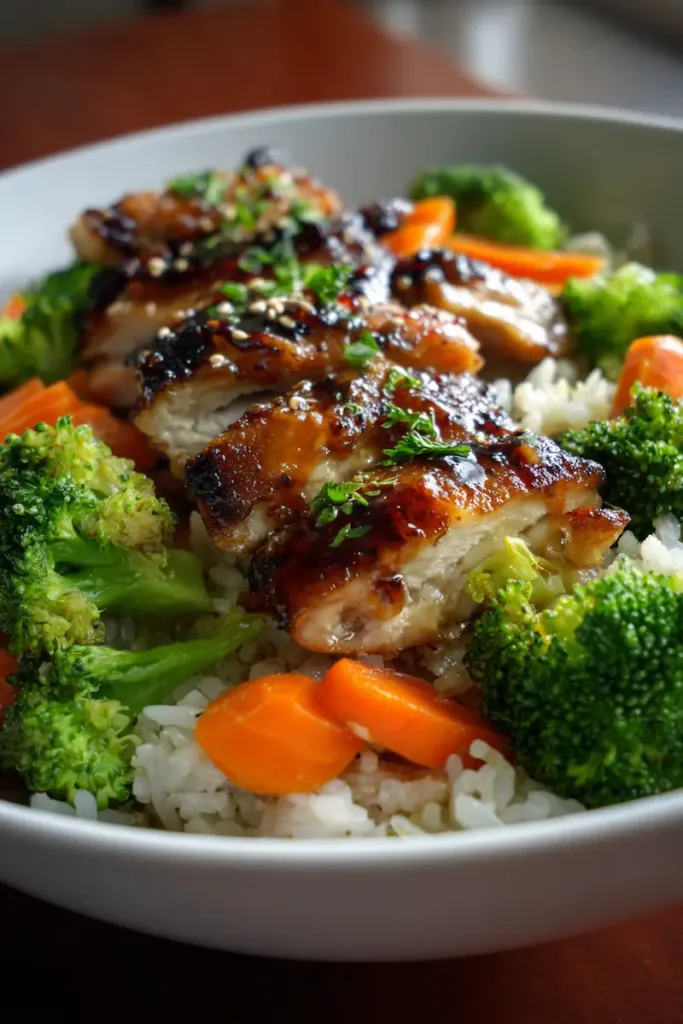 Teriyaki chicken and rice bowl with broccoli and carrots