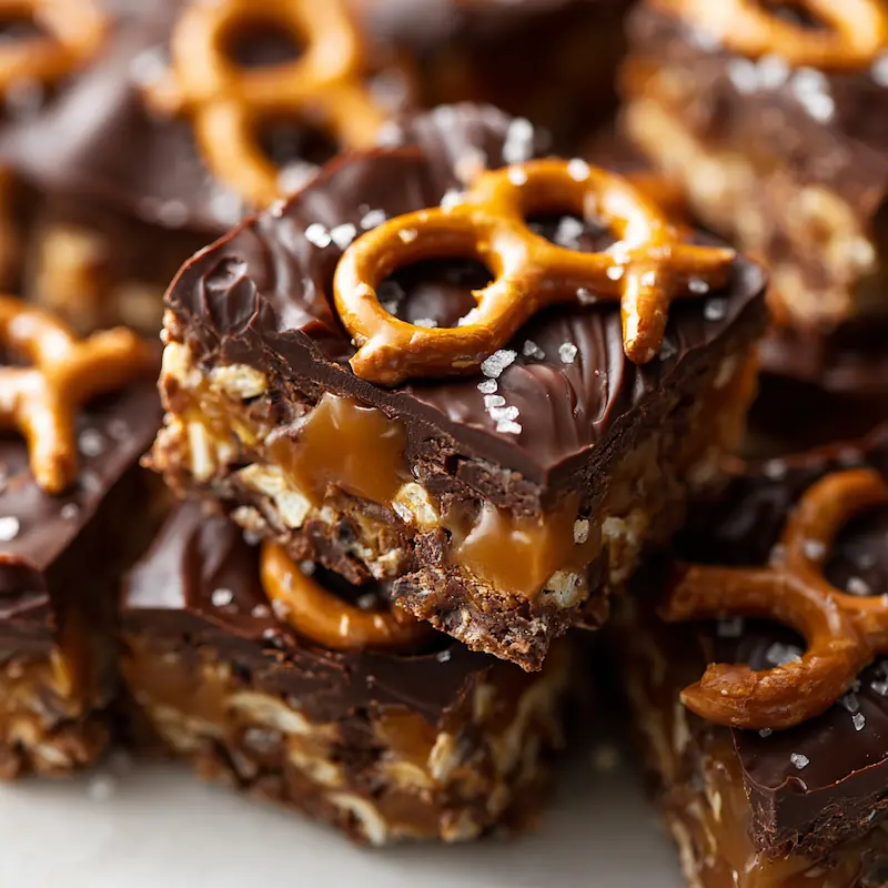 Close-up of Caramel Pretzel Crack Bars with glossy chocolate top, caramel peeking through, and salty pretzel pieces