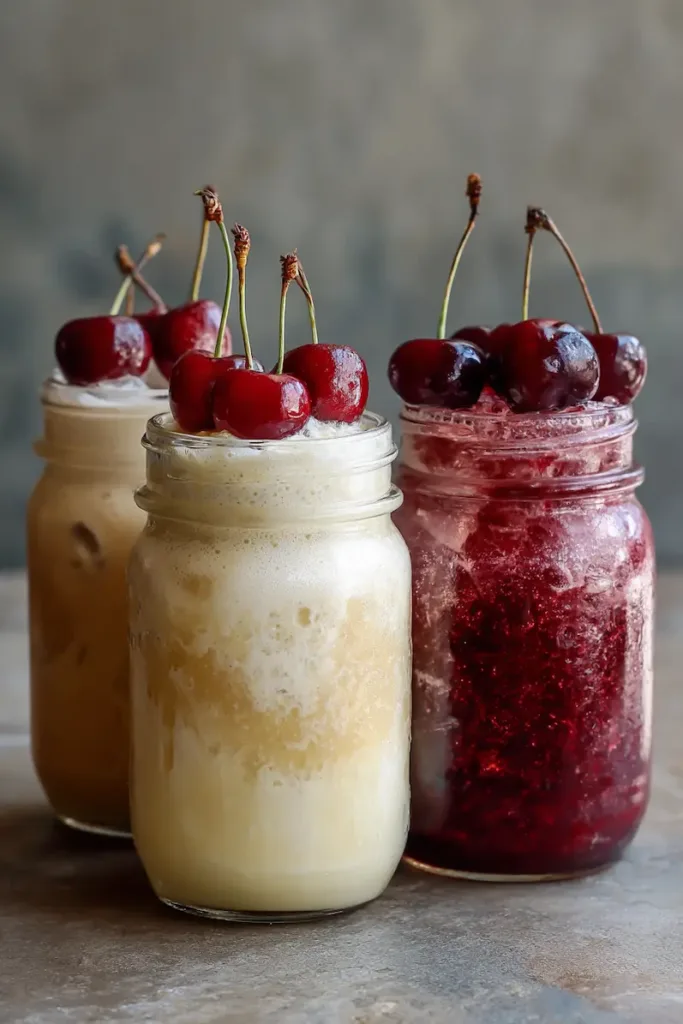 Cherry Sleep Mocktail: The Trendy Student-Friendly Drink That Helps You Wind Down 4 Three variations of cherry sleep mocktails in mason jars: creamy version, fizz-free version, and one with chamomile tea