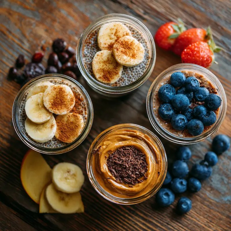 Budget-friendly chia seed pudding variations with fruit, peanut butter, and granola toppings for students