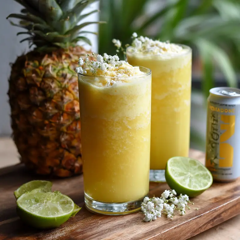 Tropical coconut protein mocktail with pineapple garnish on a dorm desk.
