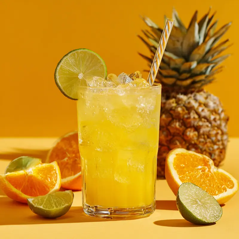 Pineapple mocktail with ice and straw in a clear cup, surrounded by citrus slices.