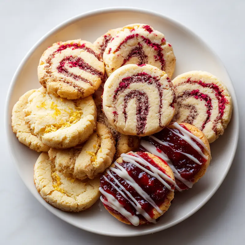 Different variations of raspberry swirl shortbread cookies including lemon zest, mixed berry swirls, and white chocolate drizzle