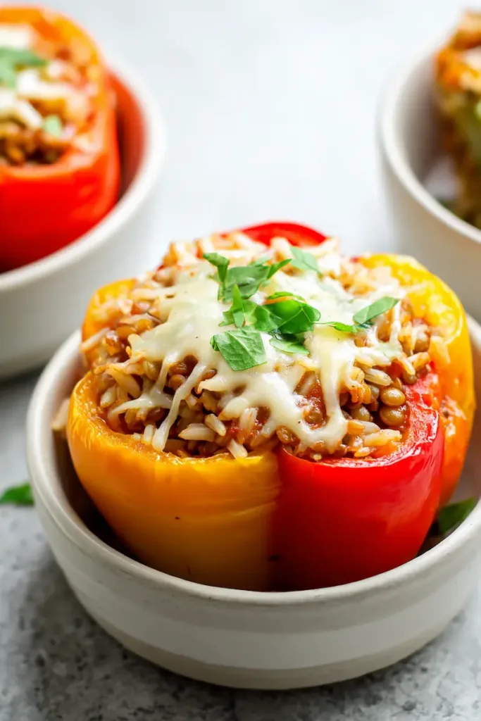 Vegetarian unstuffed pepper bowl with lentils, rice, and bell peppers.