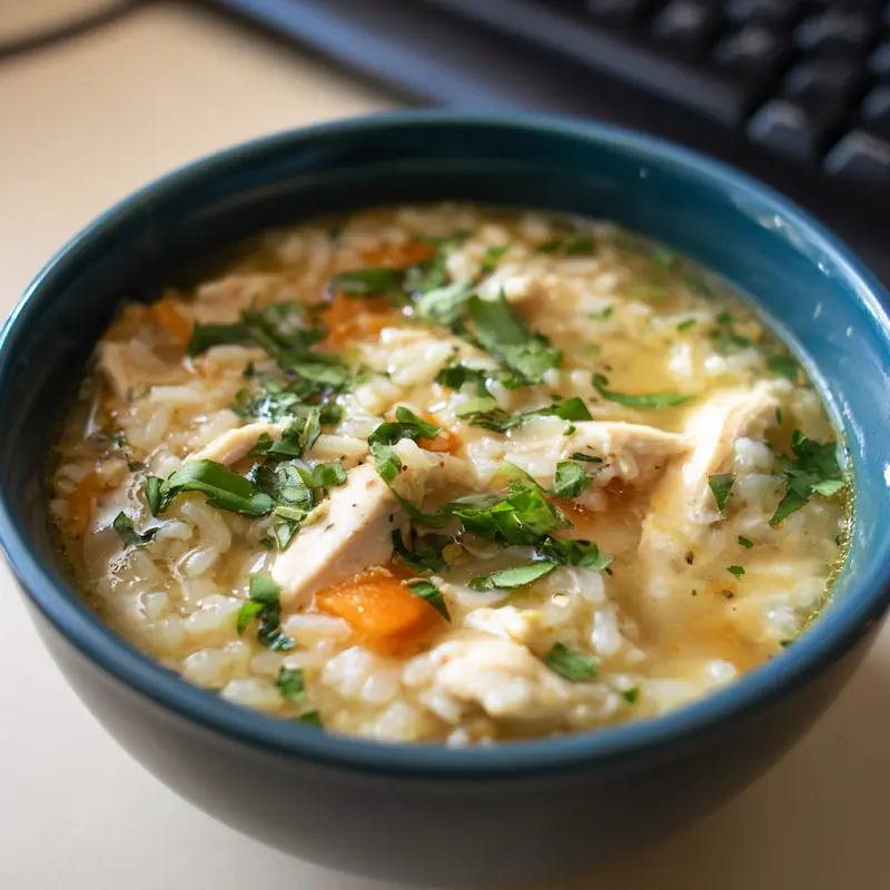 Warm bowl of chicken and rice soup with fresh herbs on a dorm desk.