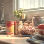 Budget-friendly cooking ingredients for college students, including rice, pasta, eggs, potatoes, canned beans, and frozen vegetables arranged on a kitchen counter.