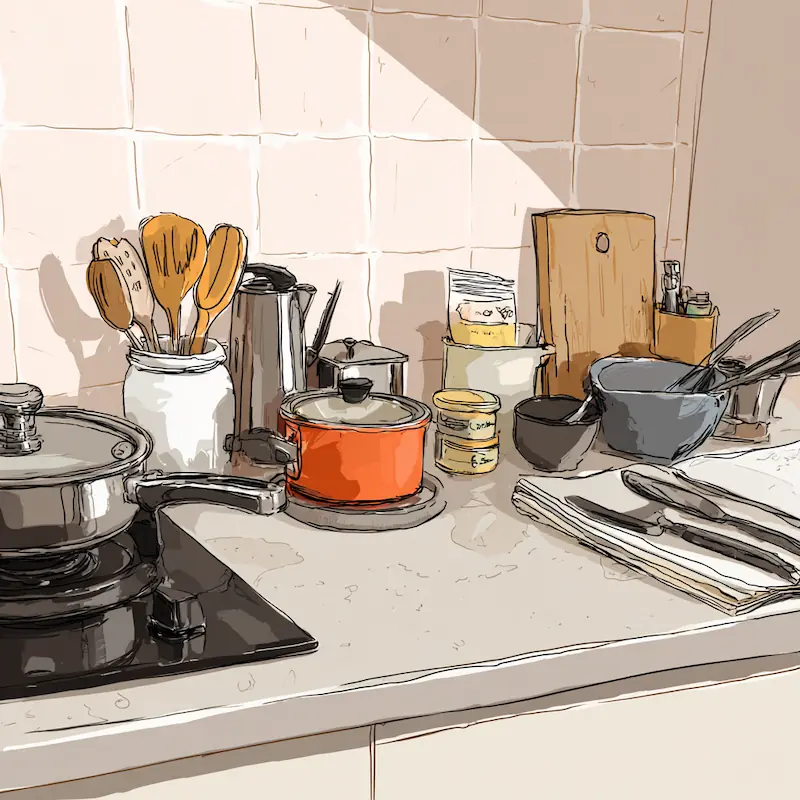 Simple student cooking setup with basic tools on a kitchen counter