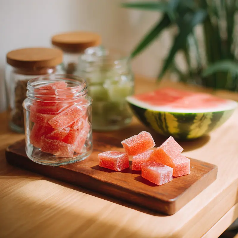 Easy Watermelon Rind Candy Recipe (Cheap, Zero-Waste & Perfect for Students!) 2 Zero-waste watermelon rind candy surrounded by fresh watermelon rinds and jars