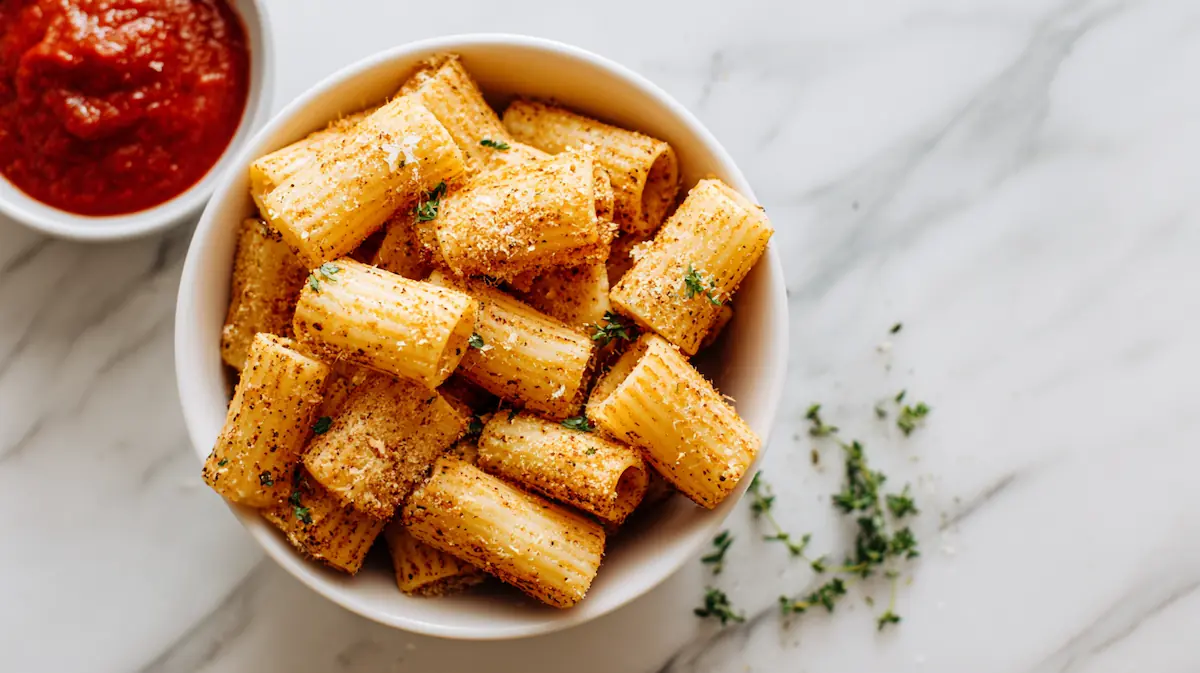 Easy Pasta Chips (Air Fryer Version!) — Cheap, Crispy Dorm Snack Students Love 1 A bowl of golden crispy rigatoni pasta chips, beautifully lit on a white marble surface. The pasta chips look crunchy, seasoned with parmesan and herbs. A small dipping bowl of marinara is on the side. Soft shadows, high-resolution food photography, top-down view, warm natural light, minimal props, aesthetic student-friendly snack look.