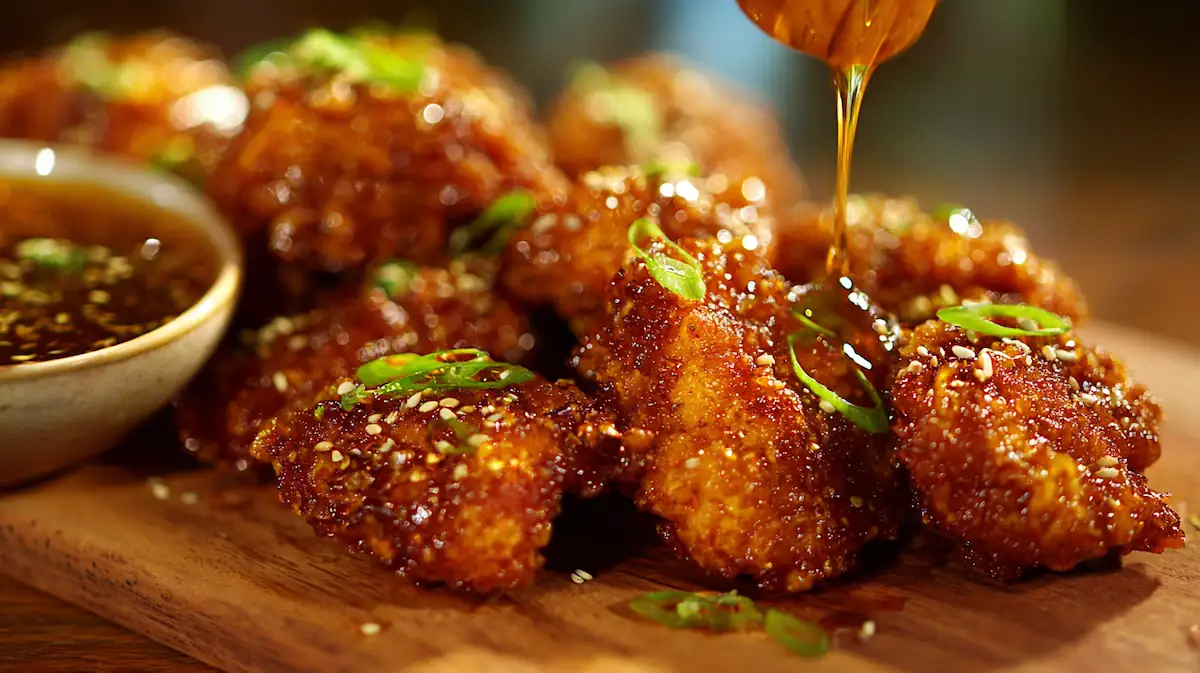 crispy baked crunchy hot honey chicken drizzled with hot honey on a parchment-lined tray