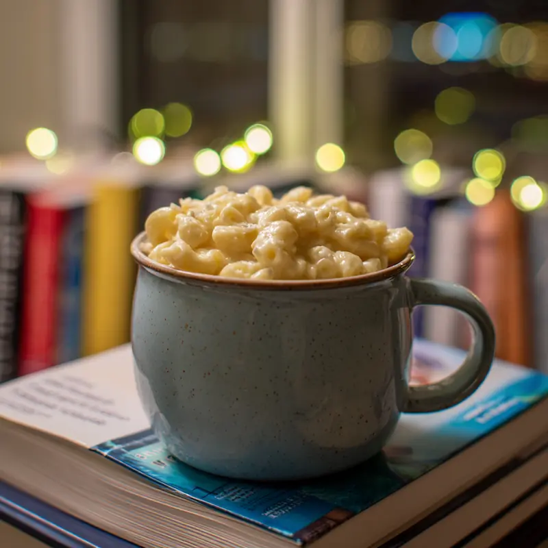 Microwave mac and cheese in a mug — easy dorm recipe for students without a kitchen.