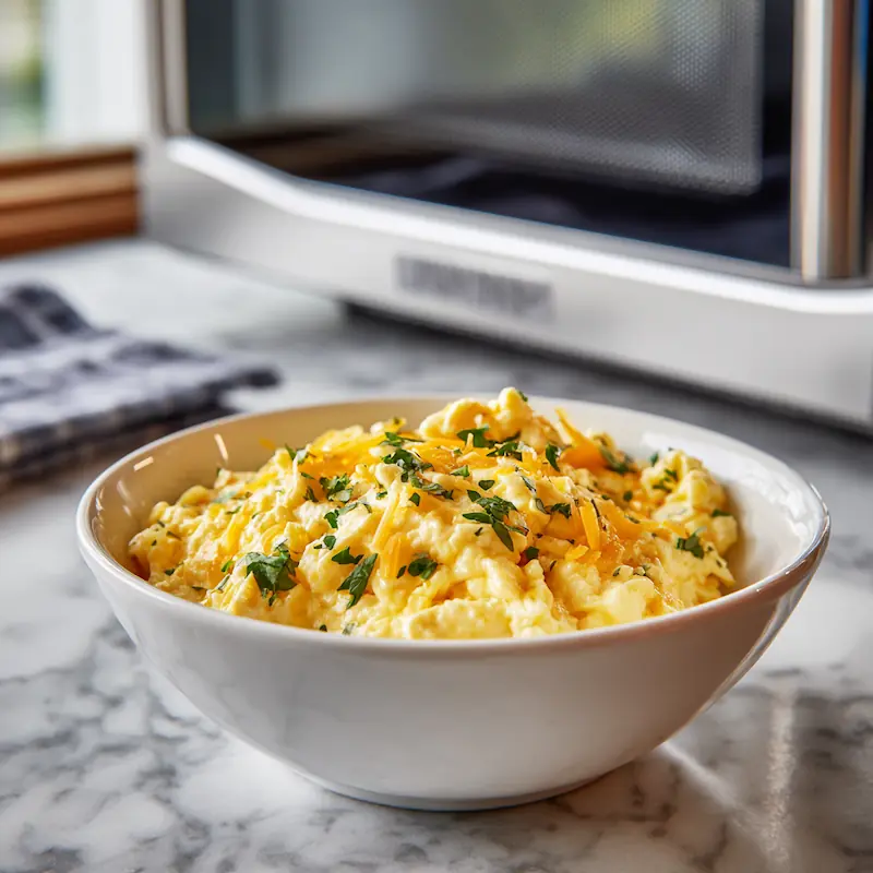 Microwave scrambled eggs — quick protein breakfast for students in dorms.