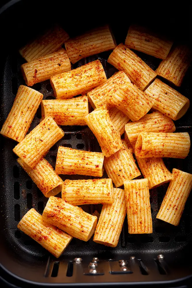 Easy Pasta Chips (Air Fryer Version!) — Cheap, Crispy Dorm Snack Students Love 3 seasoned rigatoni pasta arranged in a single laye