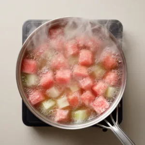 Easy Watermelon Rind Candy Recipe (Cheap, Zero-Waste & Perfect for Students!) 7 u6253788432 Watermelon rind cubes boiling in a saucepan steam 5e6eb1f6 c9d4 4098 ac44 873940a631f0 3
