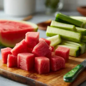 Easy Watermelon Rind Candy Recipe (Cheap, Zero-Waste & Perfect for Students!) 6 u6253788432 Watermelon rind pieces on a cutting board dark gr 6ca34862 d511 4b9f 9b73 d67af0d368d7 3